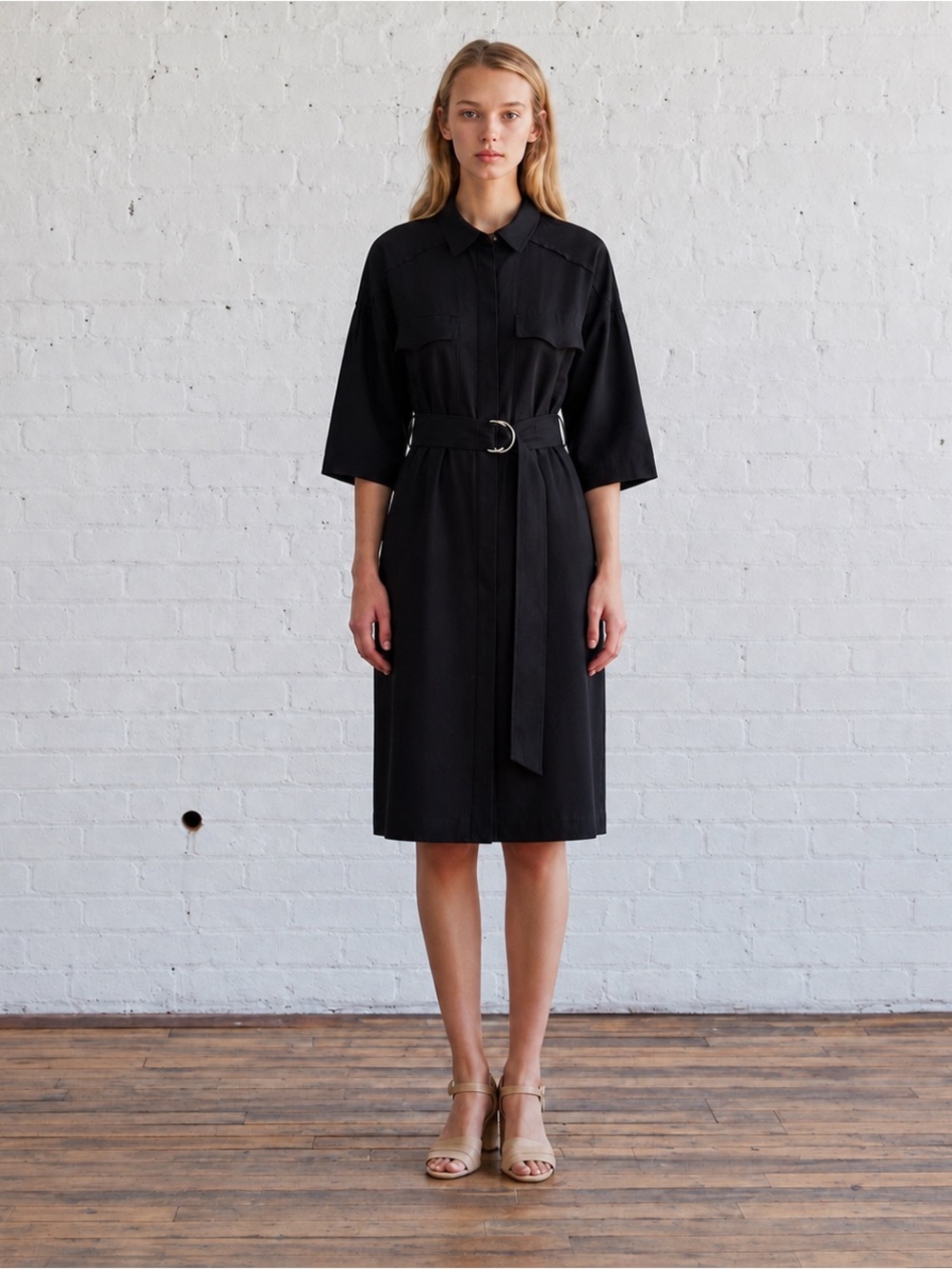 Caron Callahan Black Raw Silk Utility Shirt Dress Belted Minimalist M